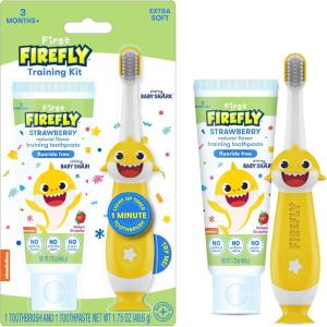 First Firefly Training Kit, Light Up Toothbrush and Natural Strawberry Flavor Training Toothpaste, Baby Shark